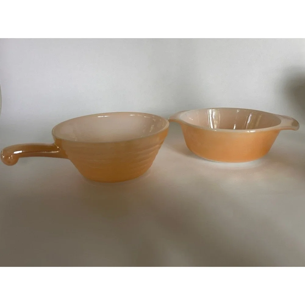 2 Vintage Fire King Iridescent Peach Bowls Handles Beehive Anchor Hocking Luster